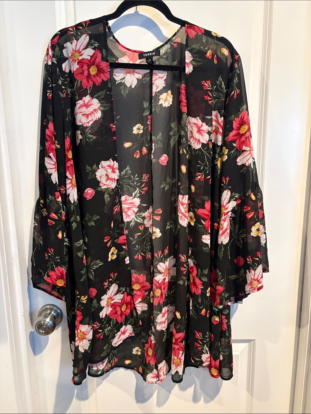 torrid Black Floral Sheer Kimono Robe with Pink & Red Blooms